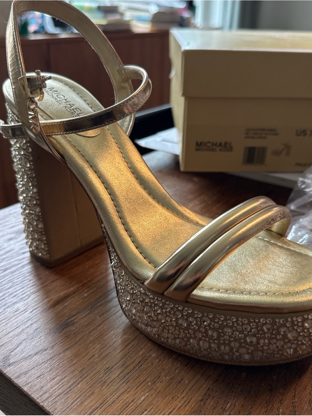 Michael Kors Metallic Gold Crystal Platform Sandals